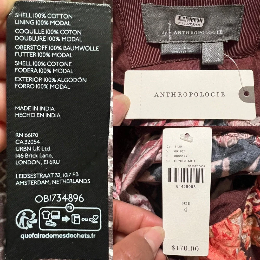 Anthropologie Printed V-Neck Babydoll Dress Size 4 Red Motif NEW‎
